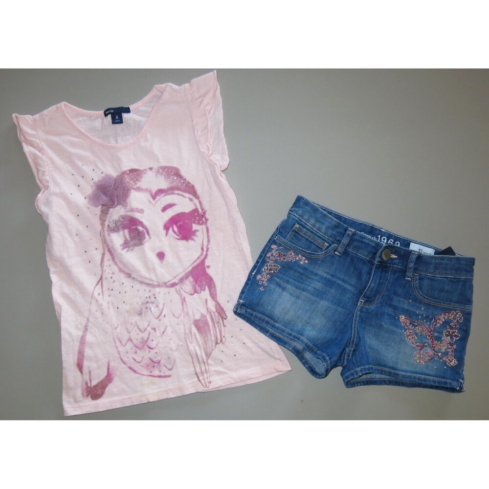 Gap kid girls shorts t-shirt 8 9 10 M outfit denim jean sequin pink owl tank top
